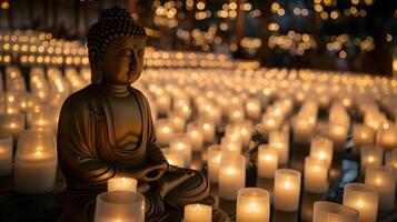 AI generated Meditating Buddha statue with candles photo