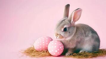 AI generated Cute rabbit and easter eggs. Concept of happy easter day. photo