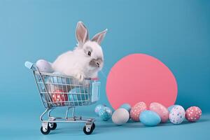 ai generado linda conejo, vistoso pintado Pascua de Resurrección huevos y un compras carretilla. concepto de contento Pascua de Resurrección día. foto