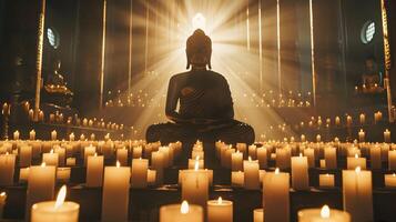 AI generated Meditating Buddha statue with candles photo