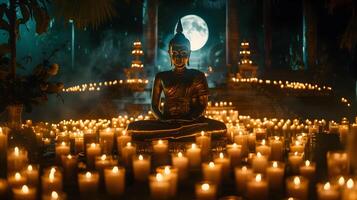 AI generated Meditating Buddha statue with candles photo