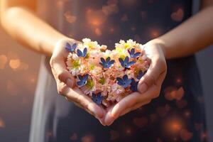 AI generated Heart shaped flowers in hands of a woman photo