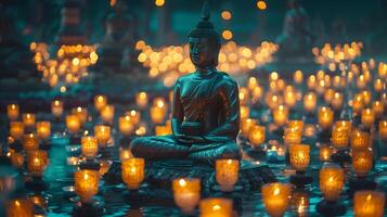 AI generated Meditating Buddha statue with candles photo