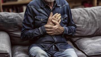 AI generated Caucasian elder man with chest pain. Heart attack patient. photo