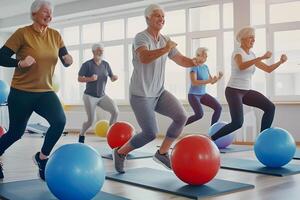 AI generated Caucasian senior people doing exercise at gym photo