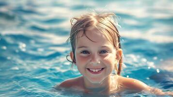 ai generado linda niño nadando en mar foto