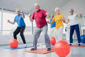 AI generated Caucasian senior people doing exercise at gym photo