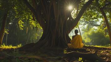 AI generated Buddhist monk in meditation beside a tree in the jungle photo