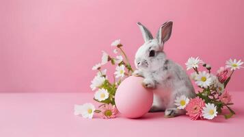 AI generated Cute rabbit, easter egg and flowers. Concept and idea of happy easter day. photo