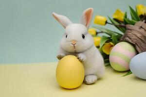 ai generado linda conejito conejo, Pascua de Resurrección huevos y flores concepto de contento Pascua de Resurrección día. foto