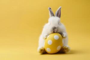 AI generated Cute rabbit and easter egg. Concept of happy easter day. photo