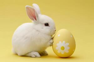 AI generated Cute rabbit and easter egg. Concept of happy easter day. photo