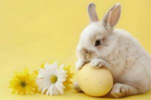 AI generated Cute bunny rabbit, easter egg and flowers. Concept of happy easter day. photo