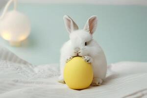 AI generated Cute bunny rabbit and easter egg. Concept of happy easter day. photo