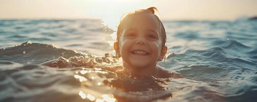 ai generado linda niño nadando en mar foto