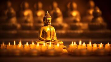 AI generated Meditating Buddha statue with candles photo