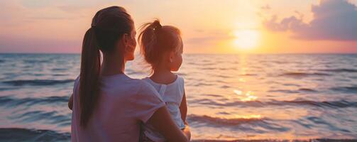 AI generated Back view of a mother and her daughter at sunset. Concept of mother day, motherhood, parent love. photo