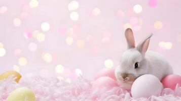 AI generated Cute rabbit and easter eggs. Concept of happy easter day. photo