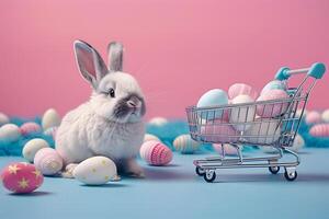 AI generated Cute rabbit, colorful painted easter eggs and a shopping trolley. Concept of happy easter day. photo