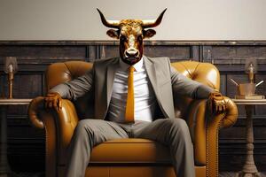 AI generated Metaphore of businessman with cow head. Bullish trend of stock market concept photo