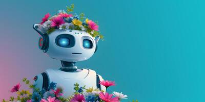 AI generated Cute robot and colorful flowers. Generative AI creation concept. photo