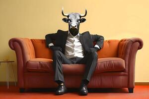 AI generated Metaphore of businessman with cow head. Bullish trend of stock market concept photo