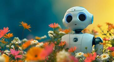 AI generated Cute robot and colorful flowers. Generative AI creation concept. photo
