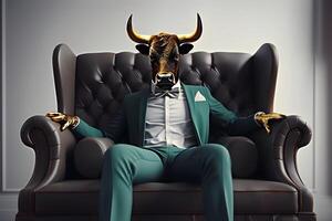 AI generated Metaphore of businessman with bull head. Bullish trend of stock market concept photo