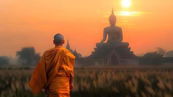 AI generated Asian monk walking in the field at sunset photo