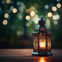 ai generado linterna en de madera mesa en contra bokeh fondo, islámico celebracion, Ramadán antecedentes foto