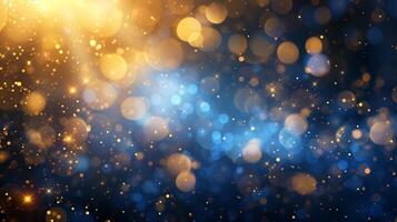 AI generated Abstract gold and blue bokeh background, holiday celebration background with golden particles, AI generative photo