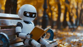 ai generado linda robot leyendo libro afuera, artificial inteligencia concepto foto
