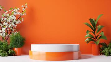 AI generated Orange podium for product display, white surface podium photo