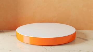 AI generated Orange podium for product display, white surface podium photo