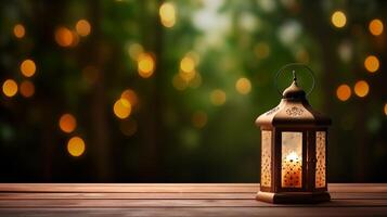 ai generado linterna en de madera mesa en contra bokeh fondo, islámico celebracion, Ramadán antecedentes foto