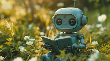 AI generated Cute robot reading book outside, artificial intelligence concept photo