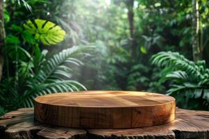 AI generated Product presentation wooden podium with tropical forest background photo