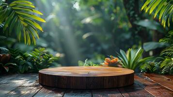 AI generated Product presentation wooden podium with tropical forest background photo