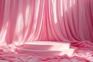 AI generated product presentation podium against pink curtain background , mock-up, cosmetic product photo