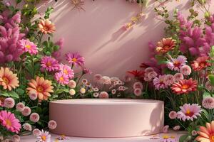AI generated empty rounded showcase for product presentation display with spring flowers photo