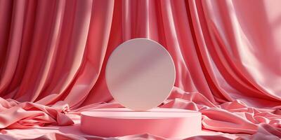 AI generated product presentation podium against pink curtain background , mock-up, cosmetic product photo