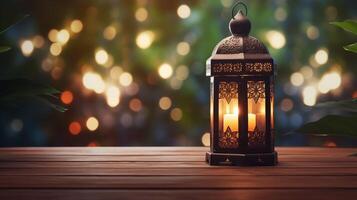 ai generado linterna en de madera mesa en contra bokeh fondo, islámico celebracion, Ramadán antecedentes foto