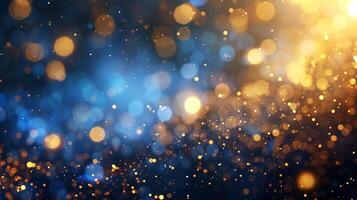 AI generated Abstract gold and blue bokeh background, holiday celebration background with golden particles, AI generative photo