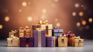 AI generated gift boxes against luxury gold bokeh background photo