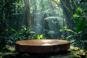 AI generated Product presentation wooden podium with tropical forest background photo