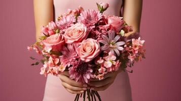 AI generated Close-up of a woman's hands holding a lush bouquet of pink roses and gerberas, symbolizing love and elegance. photo