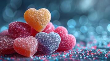 ai generado vistoso corazón conformado golosinas espolvoreado con azúcar brillar en contra un soñador azul bokeh fondo, evocando dulce San Valentín día sentimientos foto