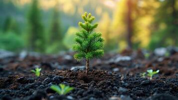 AI generated Lush pine sapling rising from fertile soil, with a blurred forest background, epitomizing ecological growth and sustainability. photo