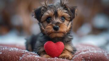 AI generated Tiny Yorkshire Terrier puppy holding a red heart with snowflakes on fur showcasing innocence and love ideal for Valentines Day photo