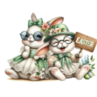 two cute rabbits with glasses and easter eggs holding a sign png